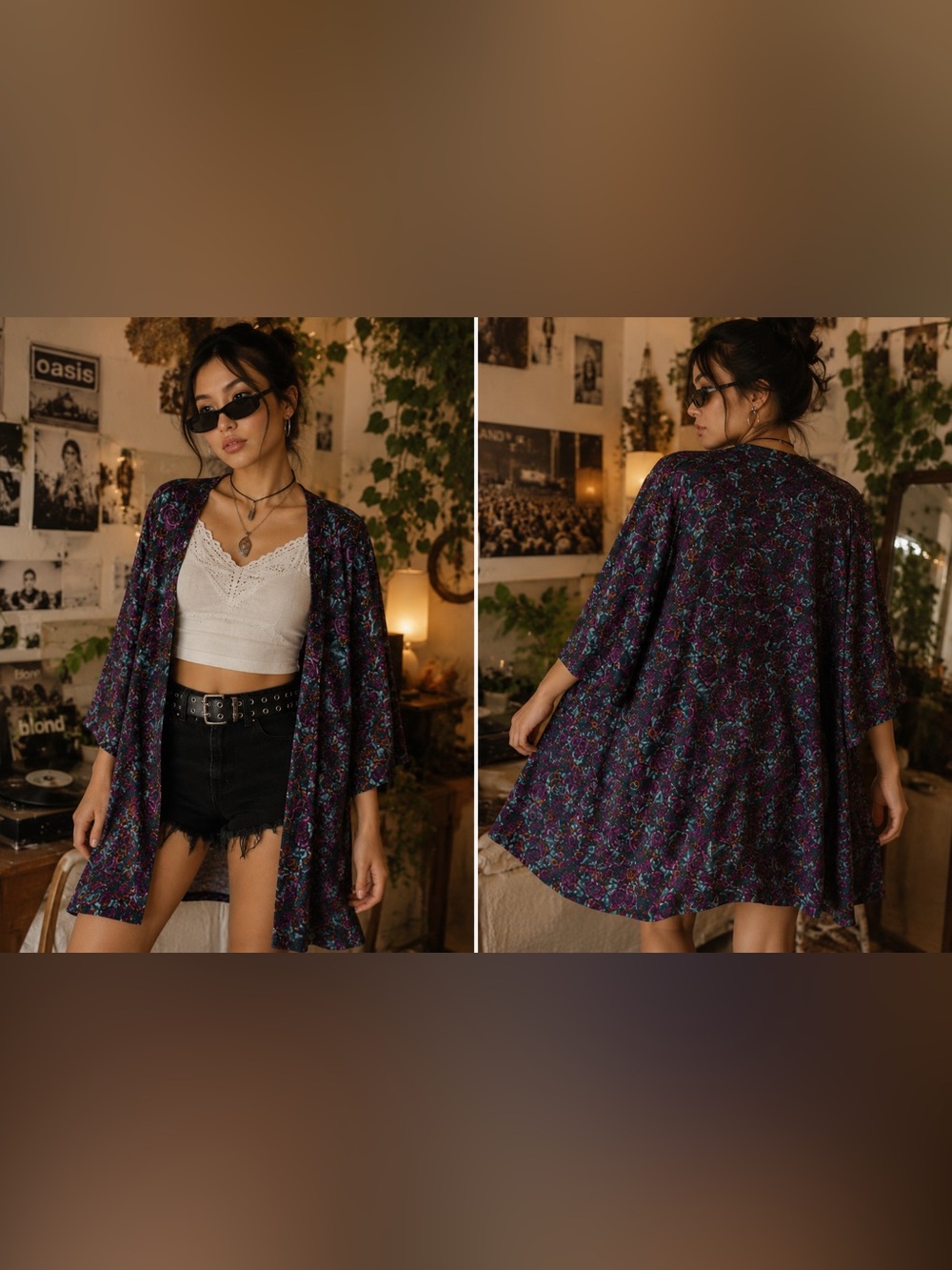 NWT Floral Rose Print Open Front Kimono Cardigan Purple Teal Duster Layering S